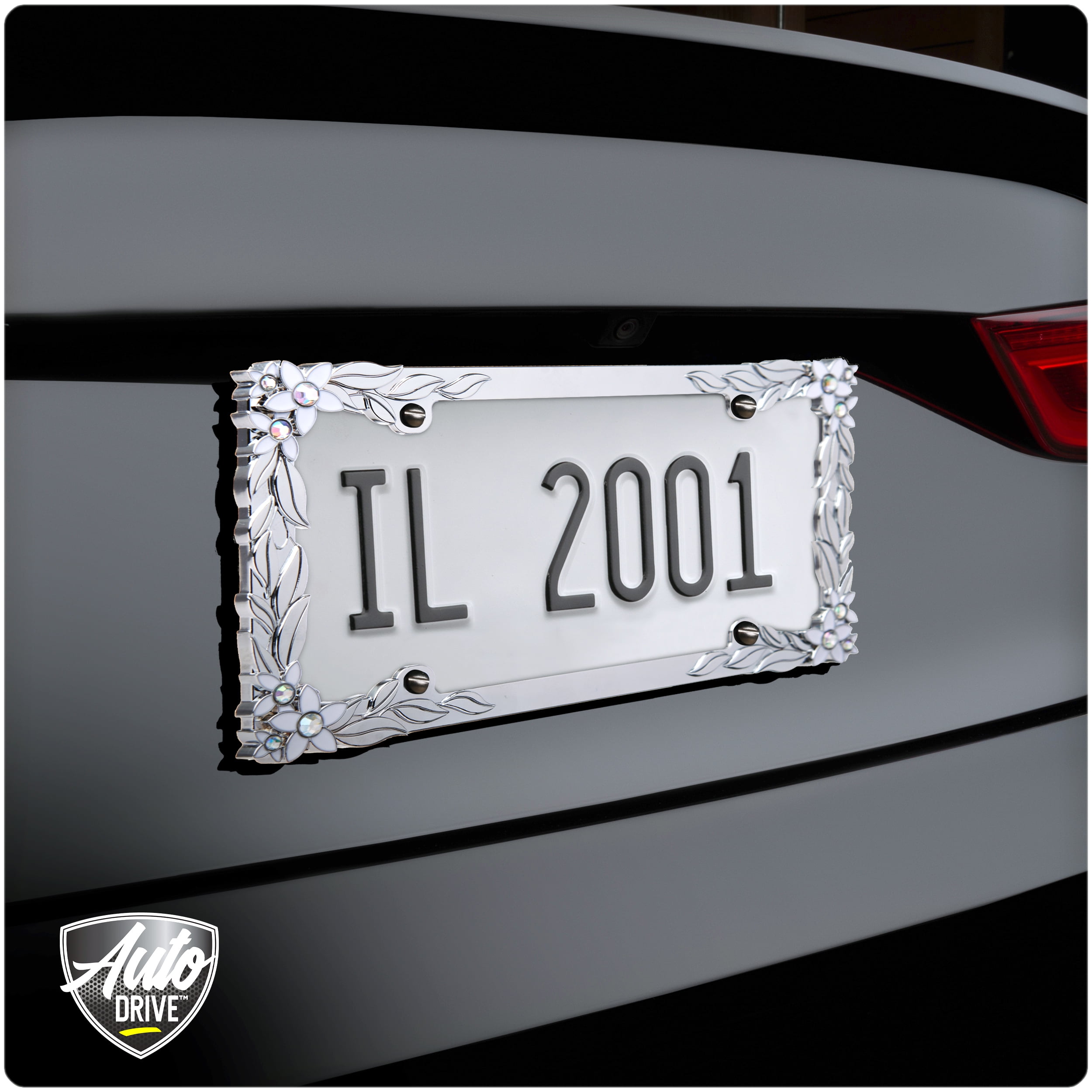Auto Drive 3-D Daisy Bling Silver Metal License Plate Frame, 90142W