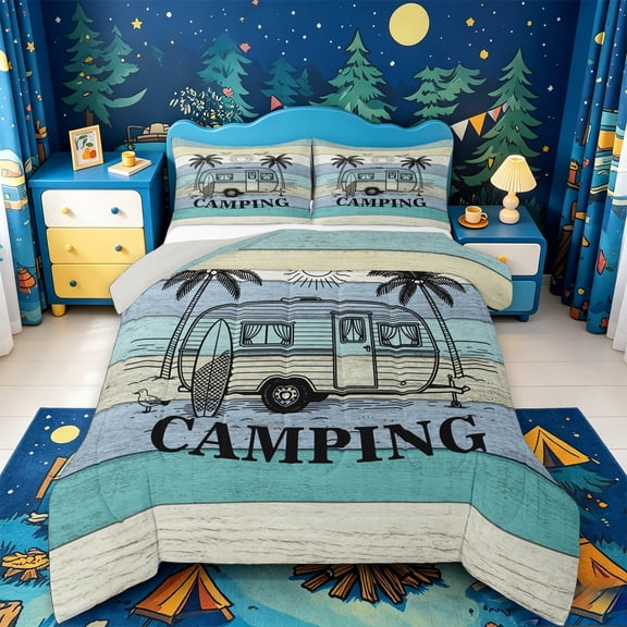 Catabedysis Ocean Beach Camping Full Size Comforter Sets,Camper Print Bedding Comforter Set For Boys,Multicolor,Light Gray Reversible,3 Pieces,1 Comforter and 2 Pillowcases