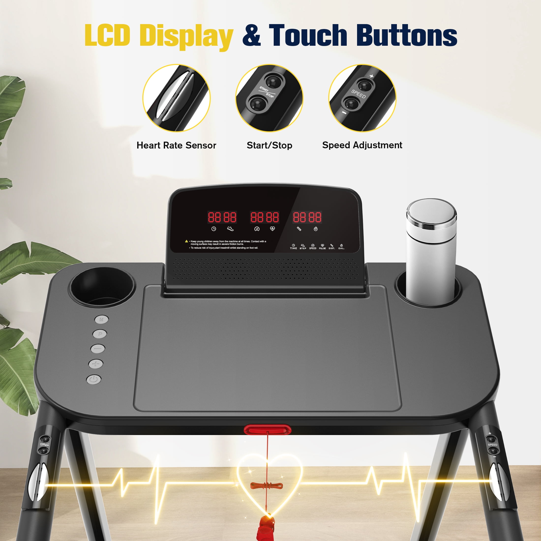 Hapycity Long Handrail Treadmill with Desk Walking Machine Heart