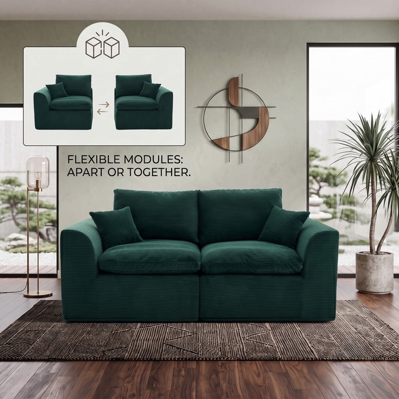 Gewnee Loveseat Sofa, Modular Cloud Couch, Corduroy 2 Seater Sofa with Removable Covers, No Assembly Required,Green