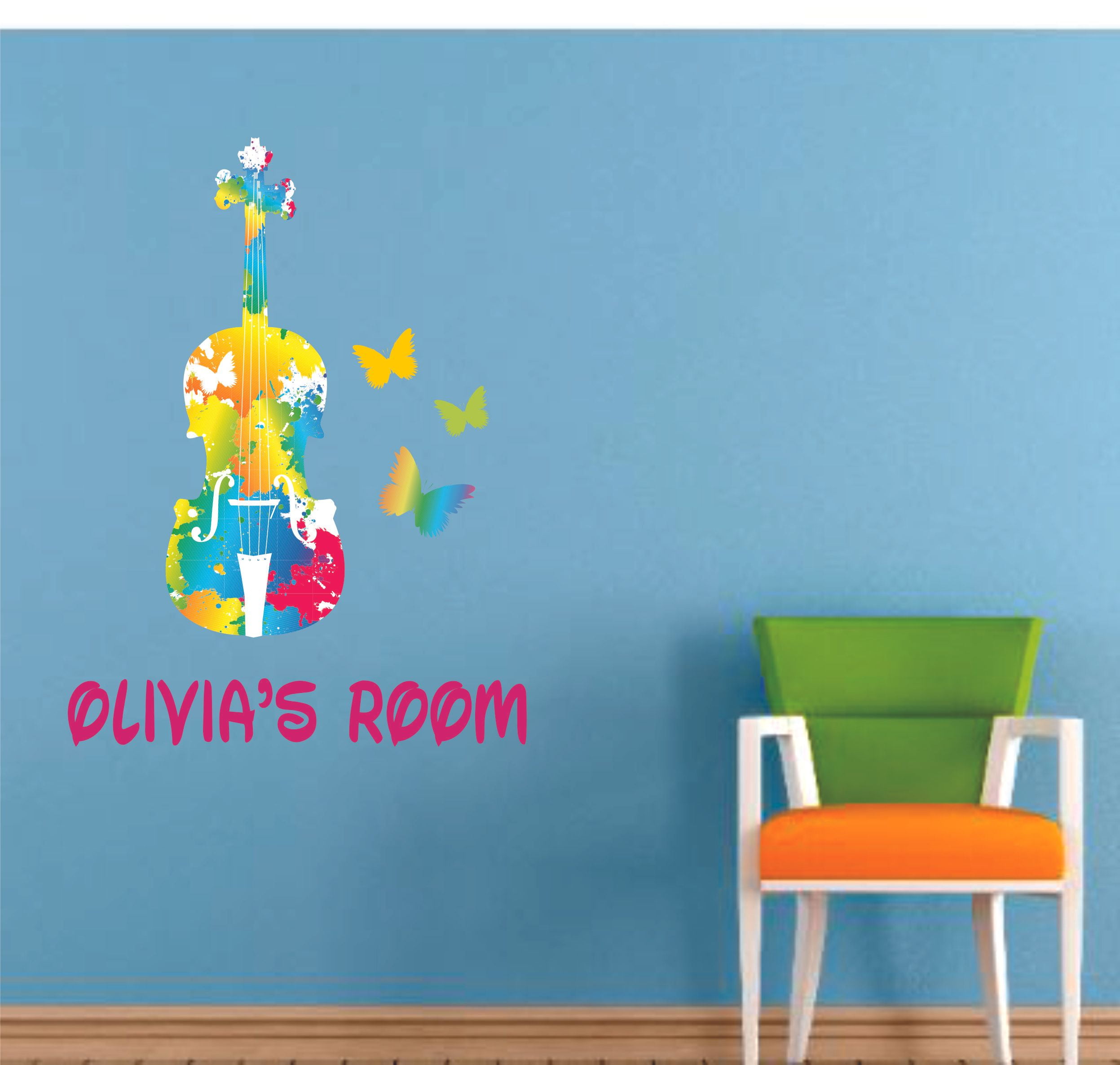Beautiful Violin Butterfly Cartoon Customized Wall Decal Custom Vinyl