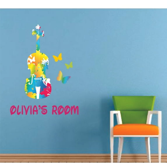 Beautiful Violin Butterfly Cartoon Customized Wall Decal - Custom Vinyl Wall Art - Personalized Name - Baby Girls Boys Kids Bedroom Wall Decal Room Decor Wall Stickers Decoration Size (30x27 inch)