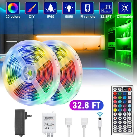 LED Strip Lights, LED Lights for Bedroom, 32.8ft Long, 3M Strong Adhesive, Cutable LED Lights with IR Remote Controller