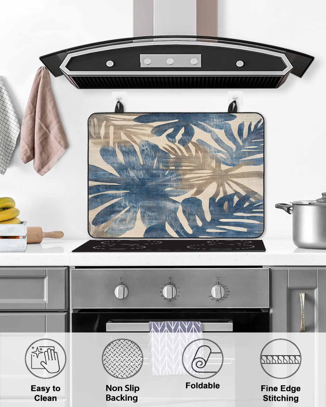 nqOlkjepod Large Induction Cooktop Protector Mat 36"x21", Blue Brown Palm Leaf Stove Top Covers for Electric Stove, Summer Farmhouse Botanical Stove Burner Cover Mats, Glass Top Stove Cover