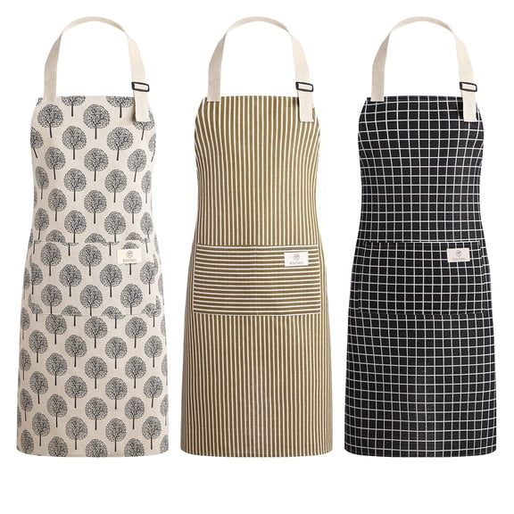 Taihexin 3 Pack Kitchen Cooking Aprons, Cotton Polyester Apron with 2 Pockets, Cooking Apron for Women Men, Long Ties Adjustable Bib Neck Strap Soft Chef Apron for BBQ Cooking Drawing Crafting
