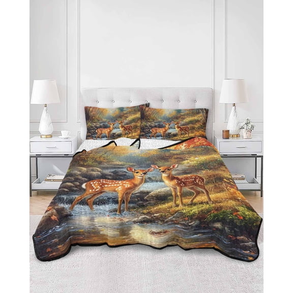 Quilts Twin XL Size, Orange Cute Deer Soft Comforter Bedding Set for Bed, Vintage Forest River Elk Lightweight Quilted Bedspread with Pillow Cover(2 Pieces) for All Season, 68x98 Inch
