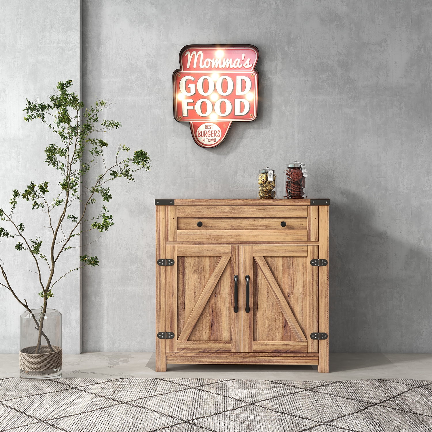 Kadyn Modern Farmhouse Double Barn Door Accent Cabinet, Particle Board Accent Storage Cabinet for Living Room, Bright yellow Storage Cabinet with Drawer