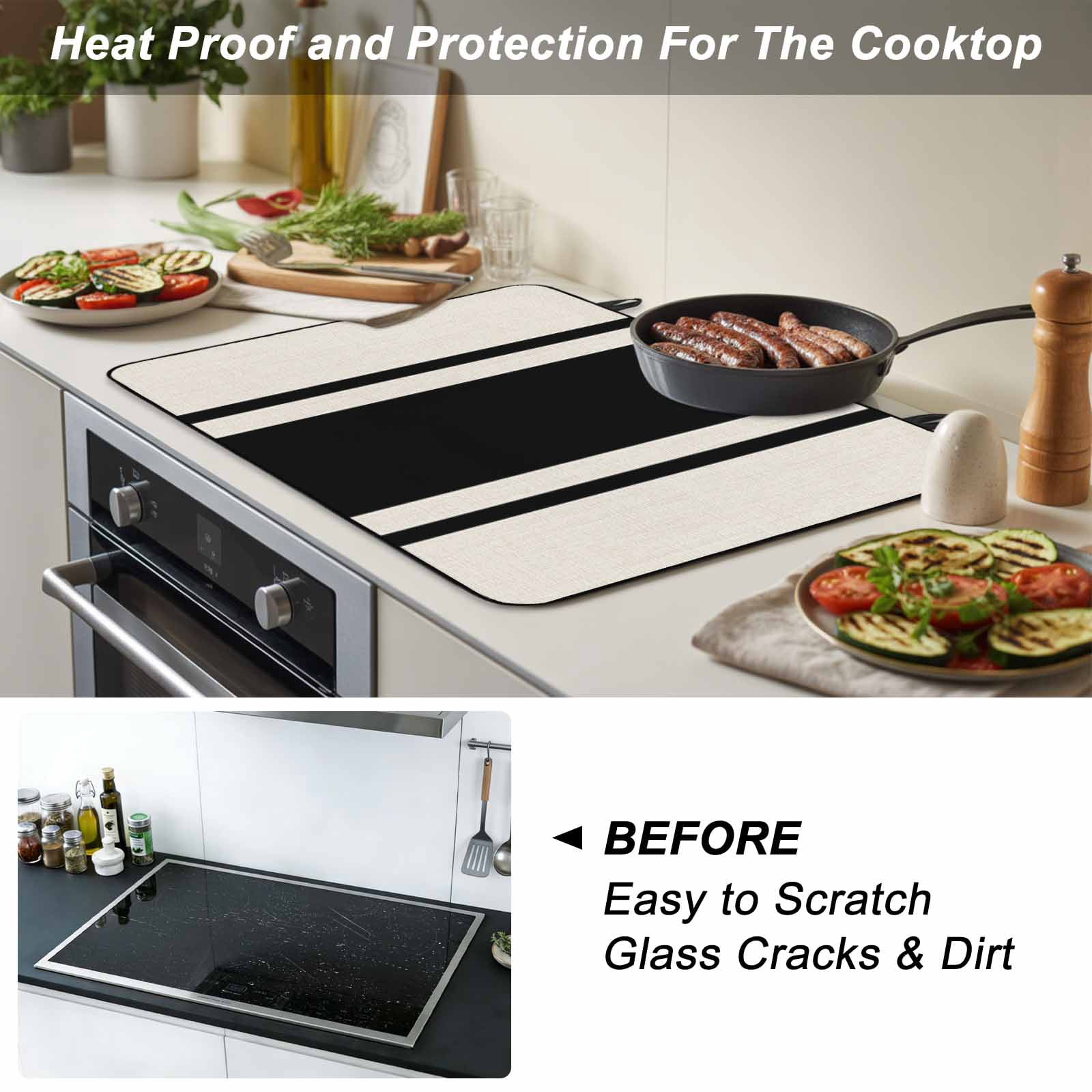 Black Vintage Stove Top Cover for Electric Stove, Heat-proof & Non Slip Glass Top Stove Cover Protector, Geometric Stripes Simple Lines Kitchen Flat Cooktop Rubber Mat 24x21 Inches