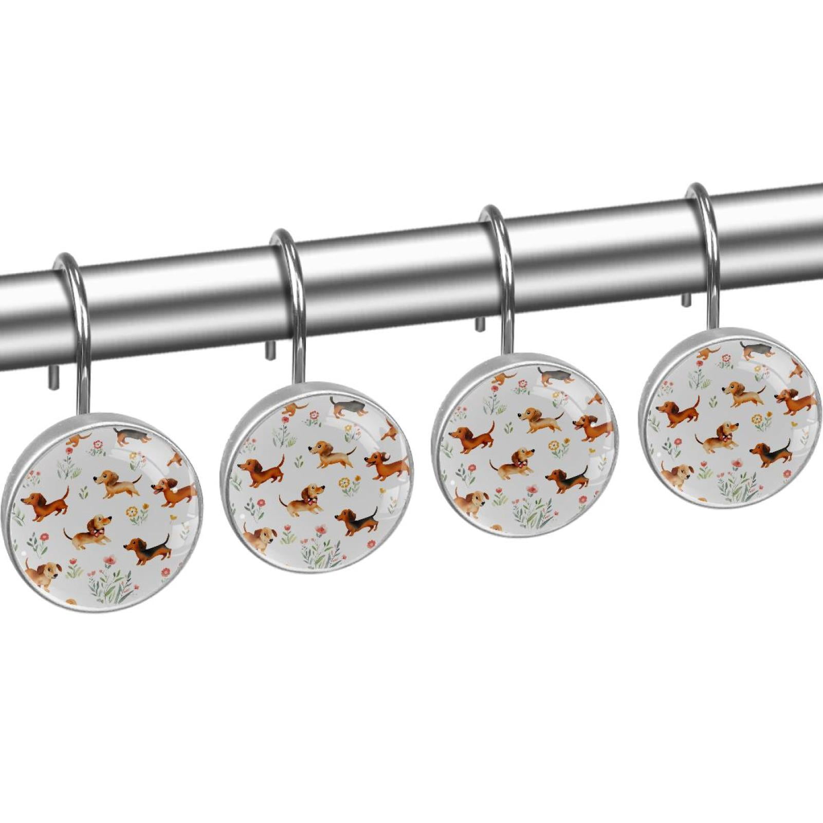 Dachshunds Run with Flowers Shower Curtain Hooks Round Crystal Glass, Set of 12 Shower Curtain Rings - Shower Hooks for Curtain Shower Rings
