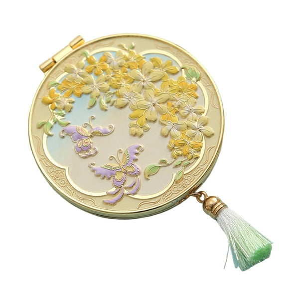 Espejo de maquillaje con borla, espejo de bolsillo plegable y portátil clásico, ideal como regalo navideño. Amarillo