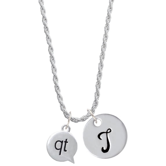 Delight Jewelry Silvertone Text Chat - qt - Cutie - Silvertone Script Initial Disc - T - Charm Necklace, 20"+3"