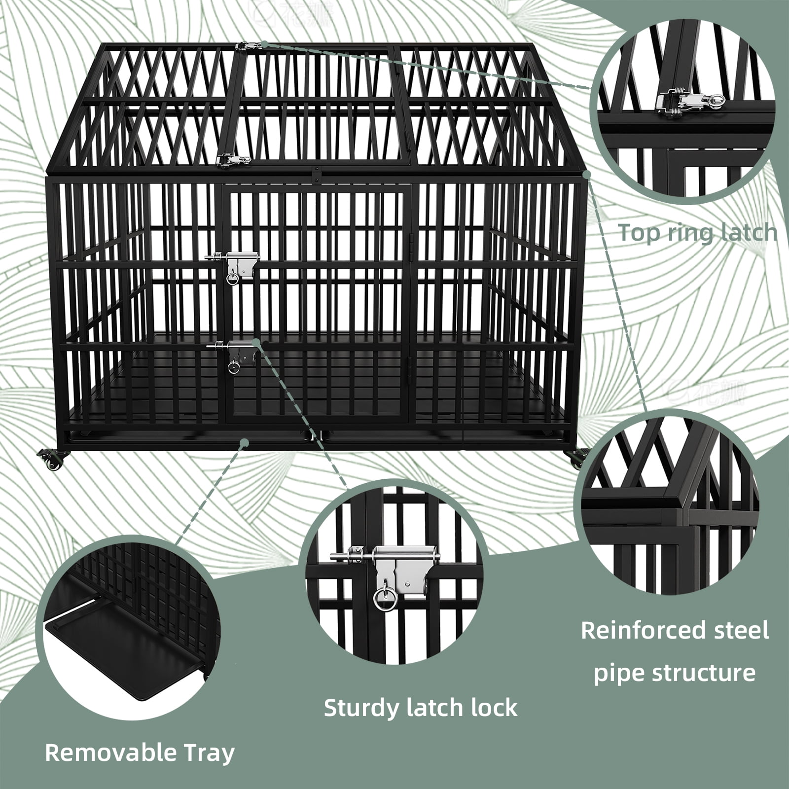 54 inch Heavy Duty Indestructible Dog Crate with Mat, Escape Proof Dog Cage Kennel with Lockable Wheels, High Anxiety Double Door, Extra Large Crate Indoor for Large Dog with Removable Tray