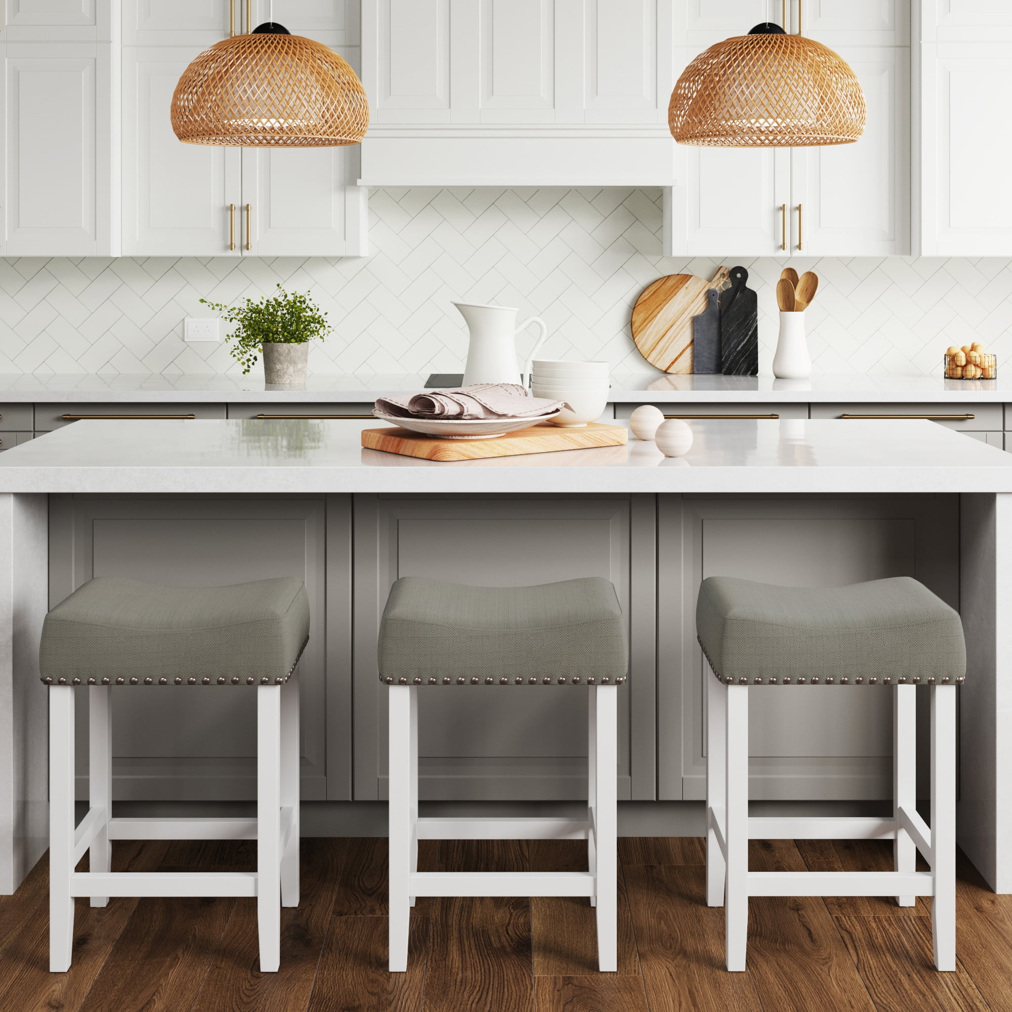 Nathan James Hylie 24 in. Gray Fabric Cushion White Finish Nailhead Wood Counter Height Bar Stool - Thumbnail 5