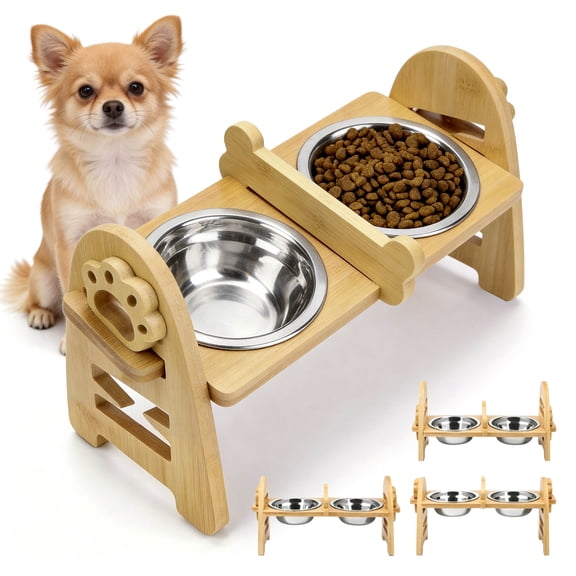 Adjustable Elevated Pet Bowl Feeder, Bamboo Stand with 2‑304 Stainless Steel Bowls for Dogs and Cat