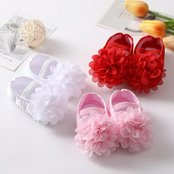 Baby Girl Satin Cloth Lace White Petals Princess Shoes Toddler Soft Sole Walking Shoes Headband Set Baby Flats Princess Wedding Dress Shoes Crib Shoe for Newborns Infants Babies and Toddlers