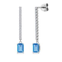 Gem Stone King 14K White Gold Swiss Blue Topaz and Lab Grown Diamond Long Liner Dangle Earrings for Women | 1.76 Cttw | Gemstone November Birthstone | Octagon 6X4MM | White Gold Chain Drop Earrings