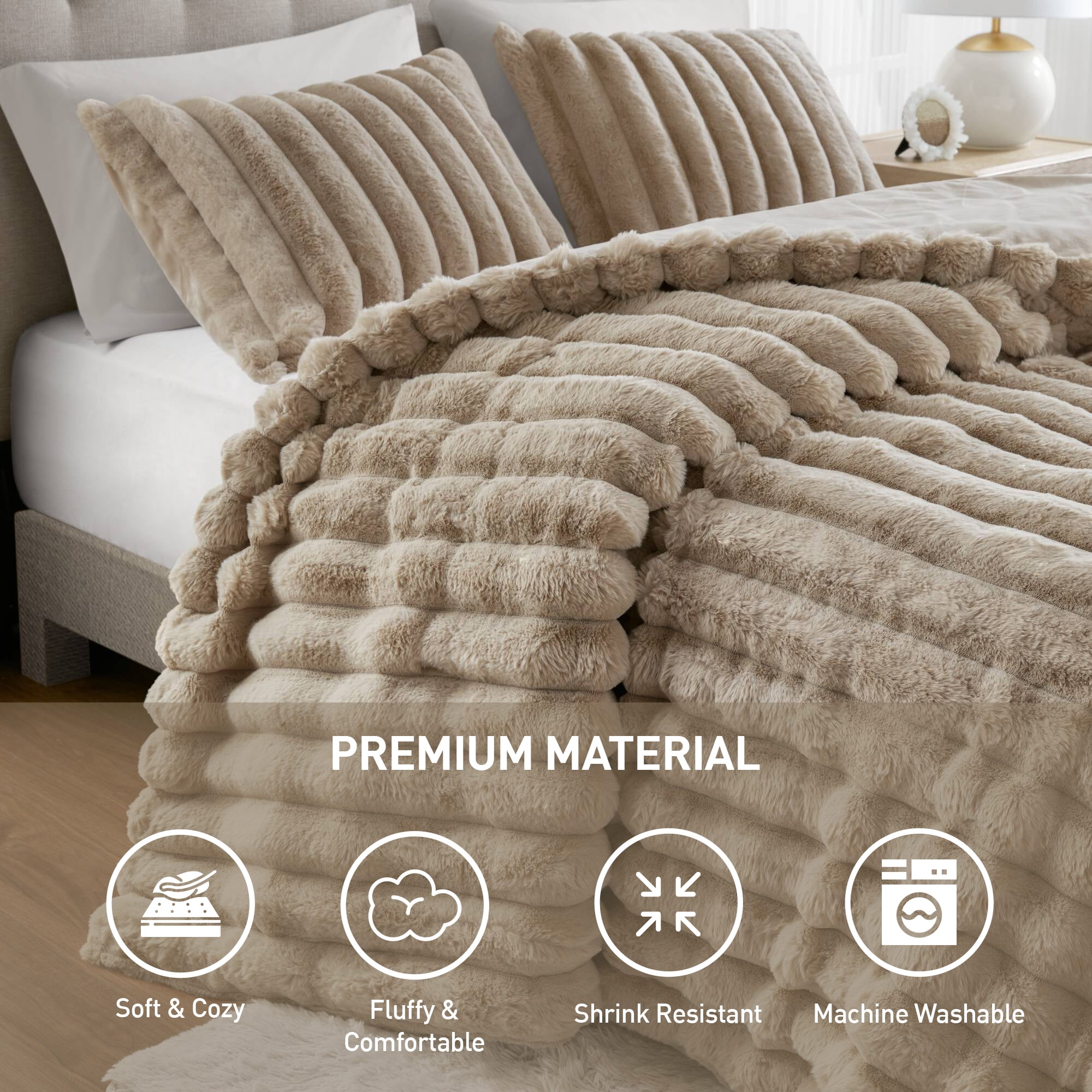 Regency Heights Full/Queen Size Comforter Sets, Taupe Fluffy Ribbed Plush Bedding Set, 3-Piece Faux Fur Ribbed Bedding Comforter Set