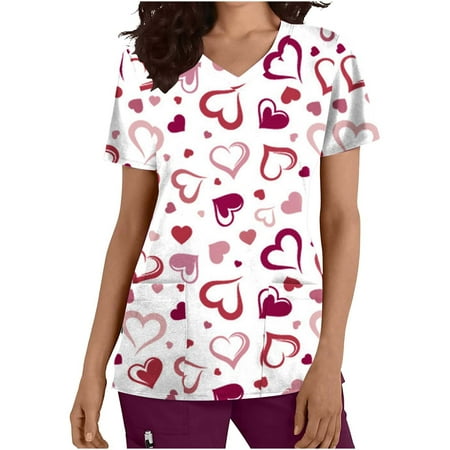 

CYMMPU Women s V-Neck Pocketed Scrub_Tops Nurse Workwear Uniform Clearance Going out Tops Summer Tees Short Sleeve Shirts Trendy Valentine s Day Tunic Love Heart Printing Fashion Tshirts Pink L