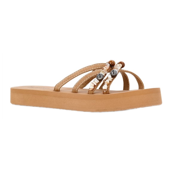 No Boundaries Faux Suede Flip Flop Sandals with Shell Embellishments, Women's