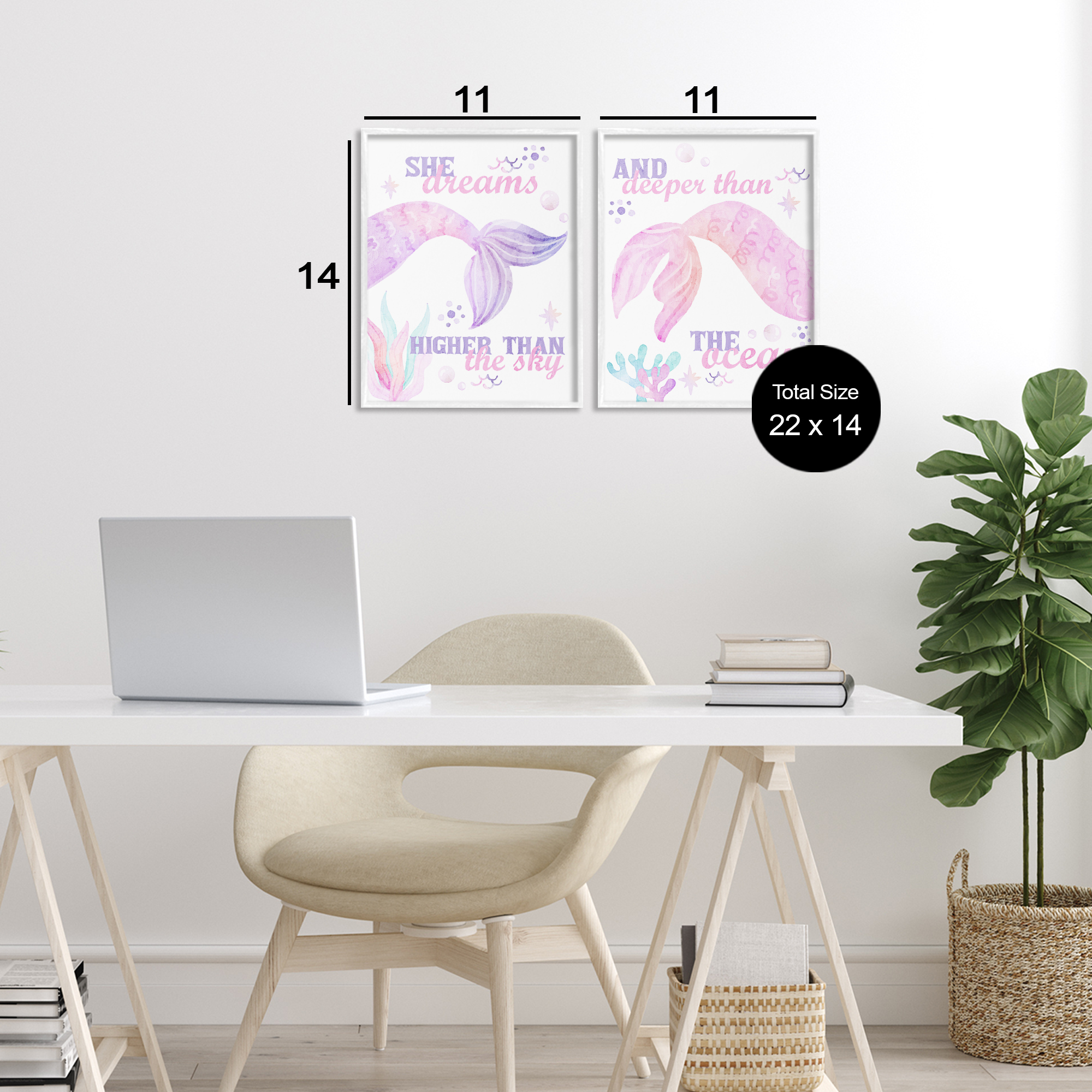 Mermaid Dreams Ocean & Sky 2 Piece White Framed Giclee Art Set, design by Kim Allen