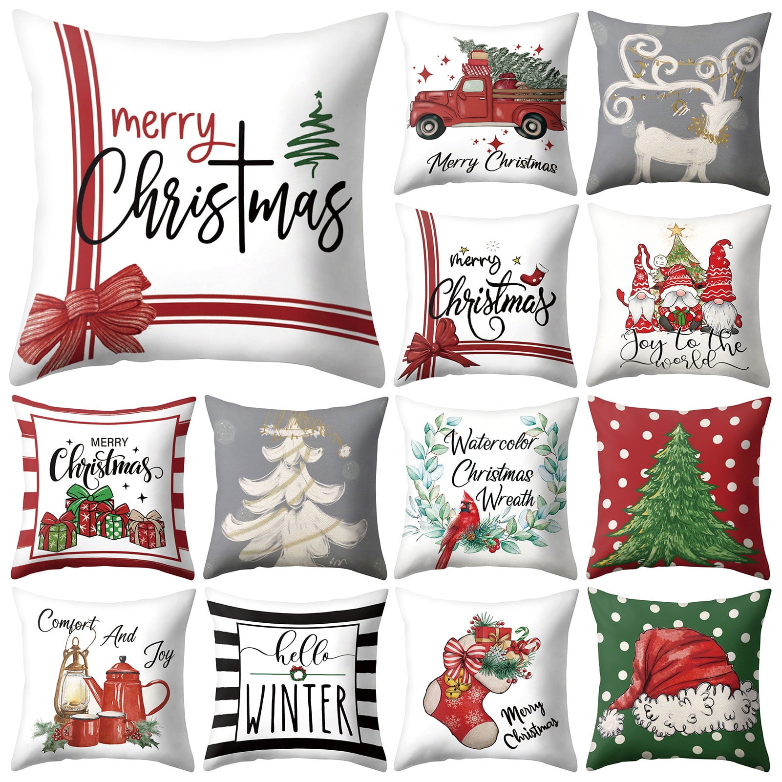 UDIYO 4PCS Christmas Decorations Pillow Covers Set of 4, Santa Deer Snowman Santa Claus Flower 