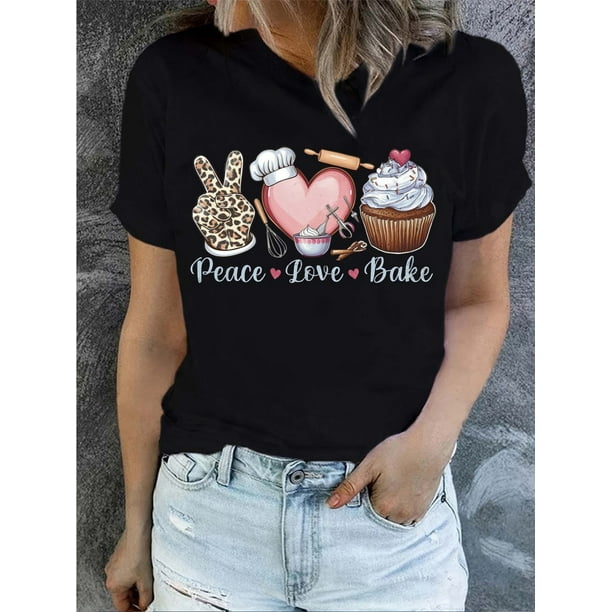 Women's Black Peace Love Bake Graphic Short Sleeve T-Shirt - Cupcake, Leopard & Heart Design, Stretchy Crew Neck Casual Top for Summer & Spring, Machine Washable, Playful Design Tee, Comforta