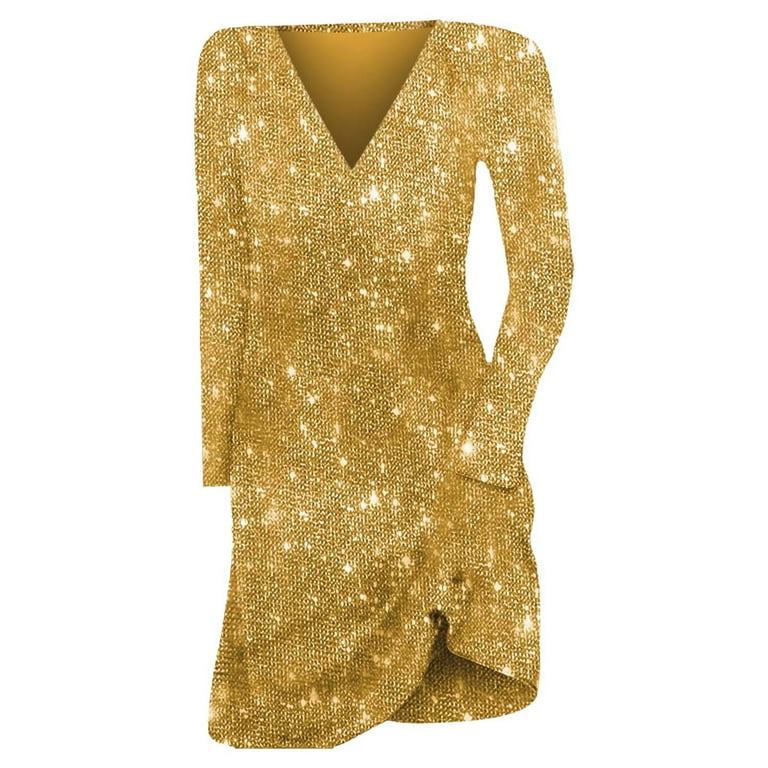 GZWYHT Sequin Dress,Midi Dresses Women's Dress Solid Color Long Sleeved  Sequined Medium Length Dress V Neck Shiny Dress Long Sleeve Dress,Bodycon  Dresses,Yellow Dress,Petite Dresses S - Walmart.com