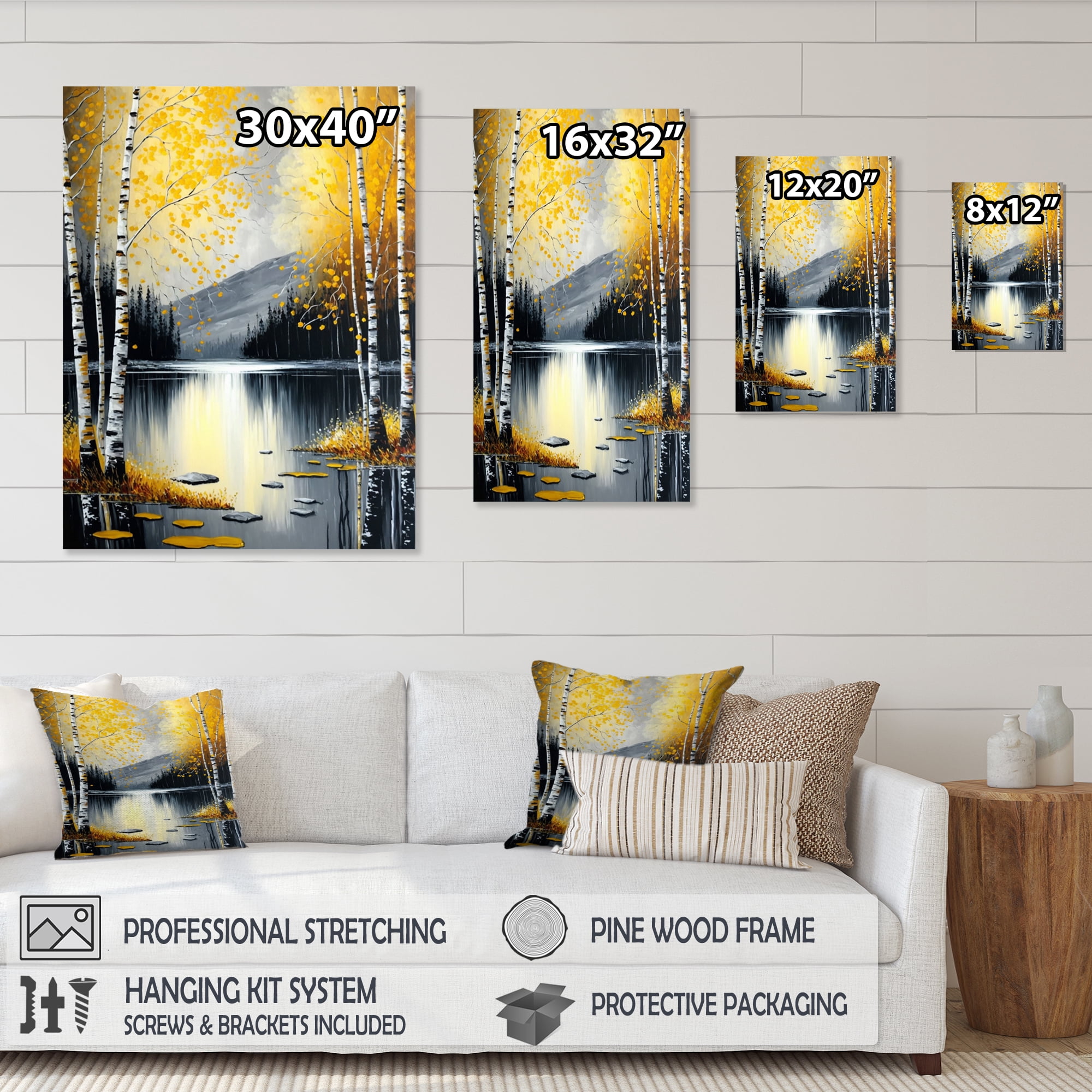 Designart Monochrome Golden Birch Trees By The Lake I Canvas Wall Art