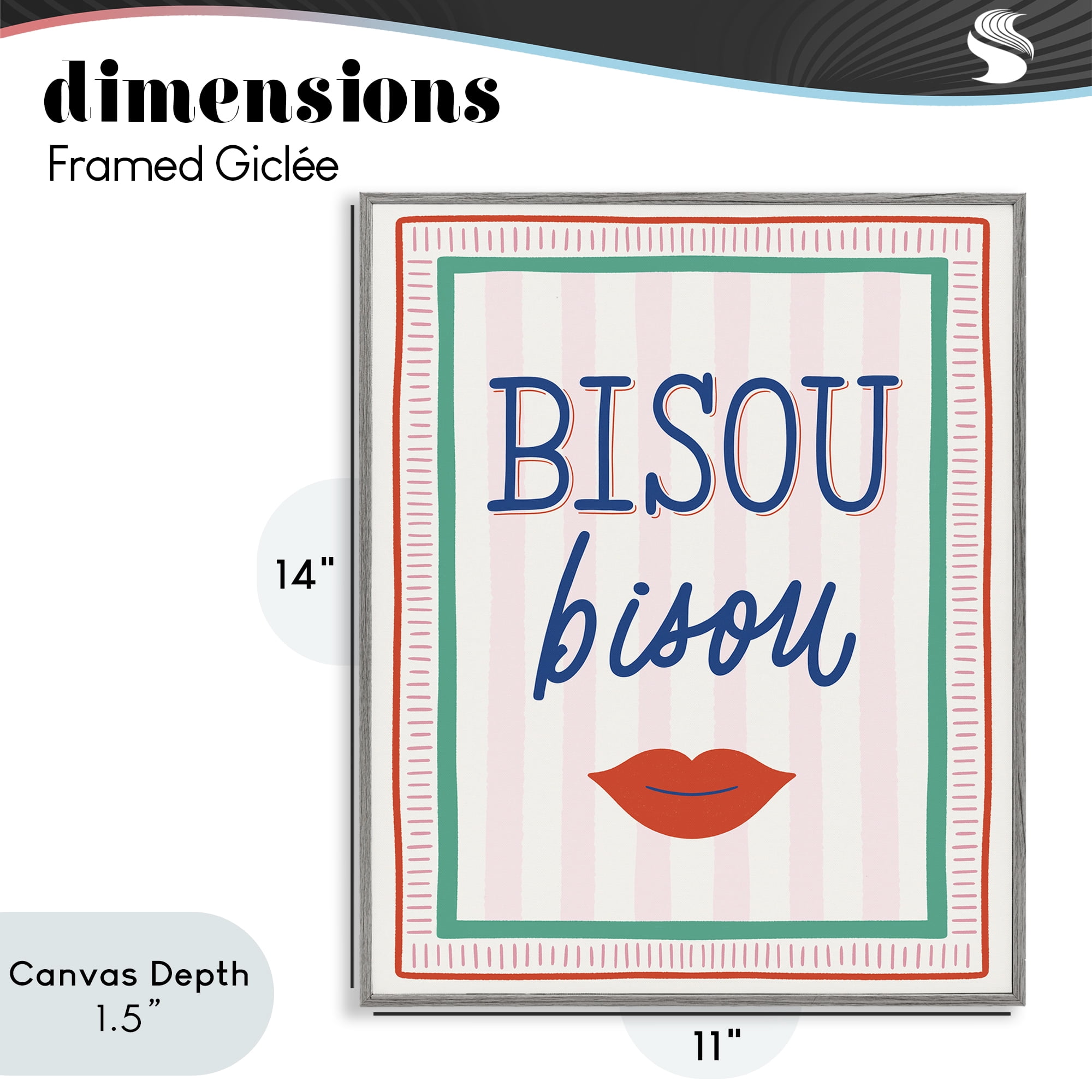 Stupell Industries Bisou Kiss over Stripes Gray Framed Giclee Art, design by Jalynn Heerdt