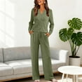 thumbnail image 6 of Women's 2 Piece Ribbed Matching Outfit Set Button V Neck Long Sleeve Shirts Wide Leg Long Pants Loose Casual Lounge Sets Elastic Waist Drawstring Pants Loungewear Pajamas Tracksuit, 6 of 6