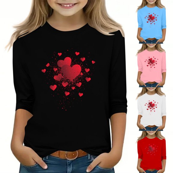 Bpmpbo Girls' 3/4 Sleeve Heart Print T-Shirt Comfortable Loose-Fit Round Neck Top Casual Pullover Blouse for Everyday Wear