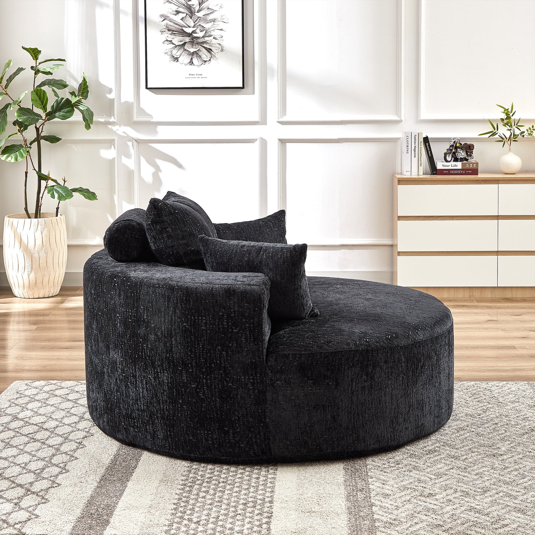 Leumius 55'' Oversized Round Chaise Longue Chair,Upholstered Polyester Single Cloud Circle Sofa Chair with Deep Seat,Fluffy Modern Sleeper Sofa Bed for Reading,Living Room,Bedroom,