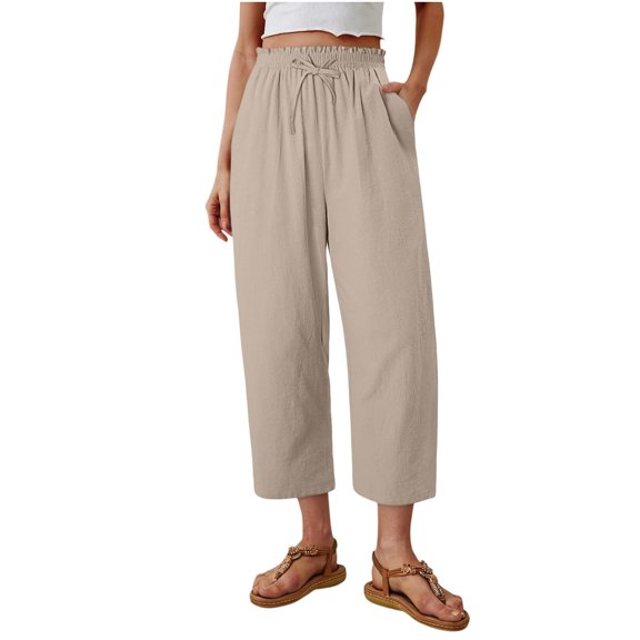 Vivianyo HD Women's Drawstring Elastic Waist Capri Pants, Straight Leg Solid Casual Cropped Trousers for Women, Women's Khaki, Sizes S-2XL