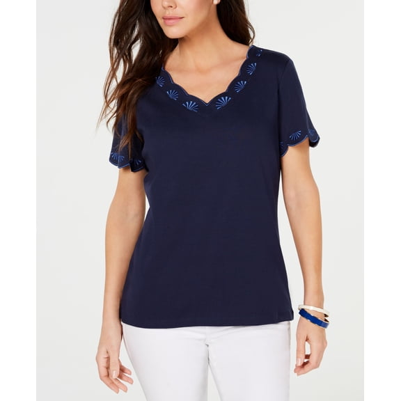 Karen Scott Cotton Embroidered Scalloped T-Shirt Intrepid Blue XS