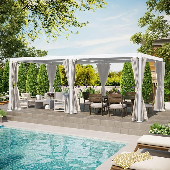 GAZEBETER 12' x 20' Louvered Pergola, Outdoor Aluminium Pergola with Adjustable Roof, Curtains and Netting, Hardtop Gazebo for Patio, Deck, Garden, Yard, Beach, White