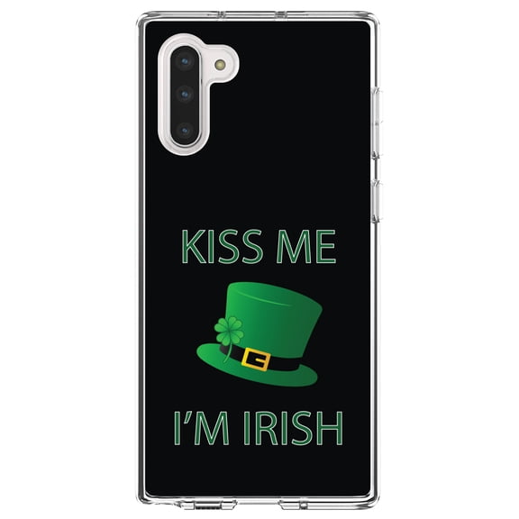 DistinctInk Clear Shockproof Hybrid Case for Samsung Galaxy Note 10 (6.3" Screen) - TPU Bumper, Acrylic Back, Tempered Glass Screen Protector - Black Green Kiss Me I'm Irish