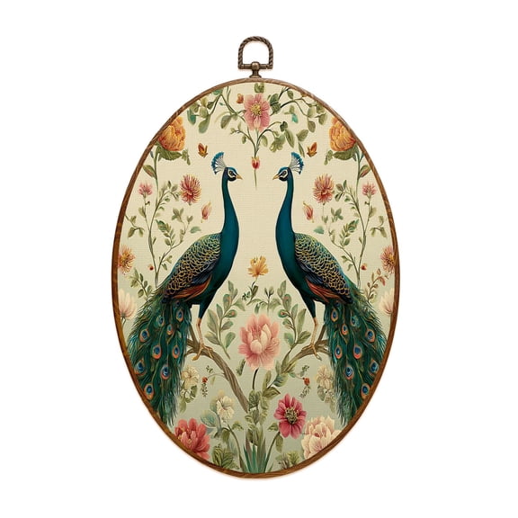 Animal Canvas Wall Art Elegant Peacocks Colorful Tails Surrounded by Vintage Floral Botanical Oval Framed Canvas Prints Vintage Wall Hanging Decor for Home Decorations 8.6"x11.4"