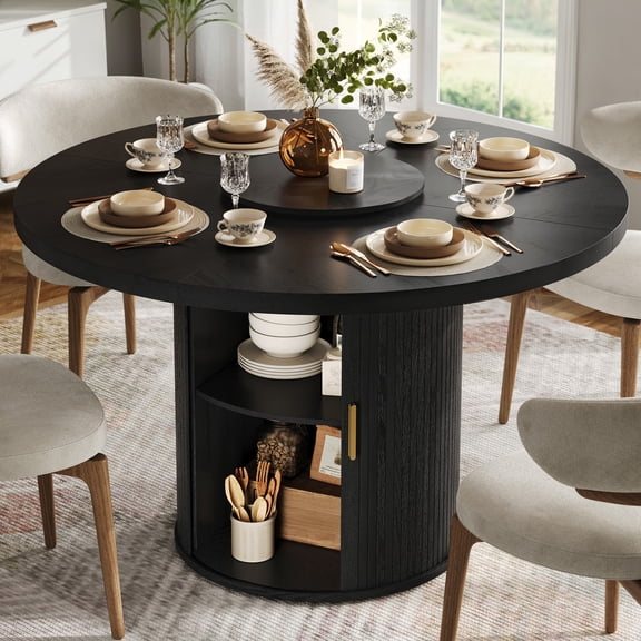 CHIC HOUSE 47" Round Dining Table with Storage Shelf, Farmhouse Fluted Kitchen Table with Removable Lazy Susan & Sliding Doors for Dining Room, Black