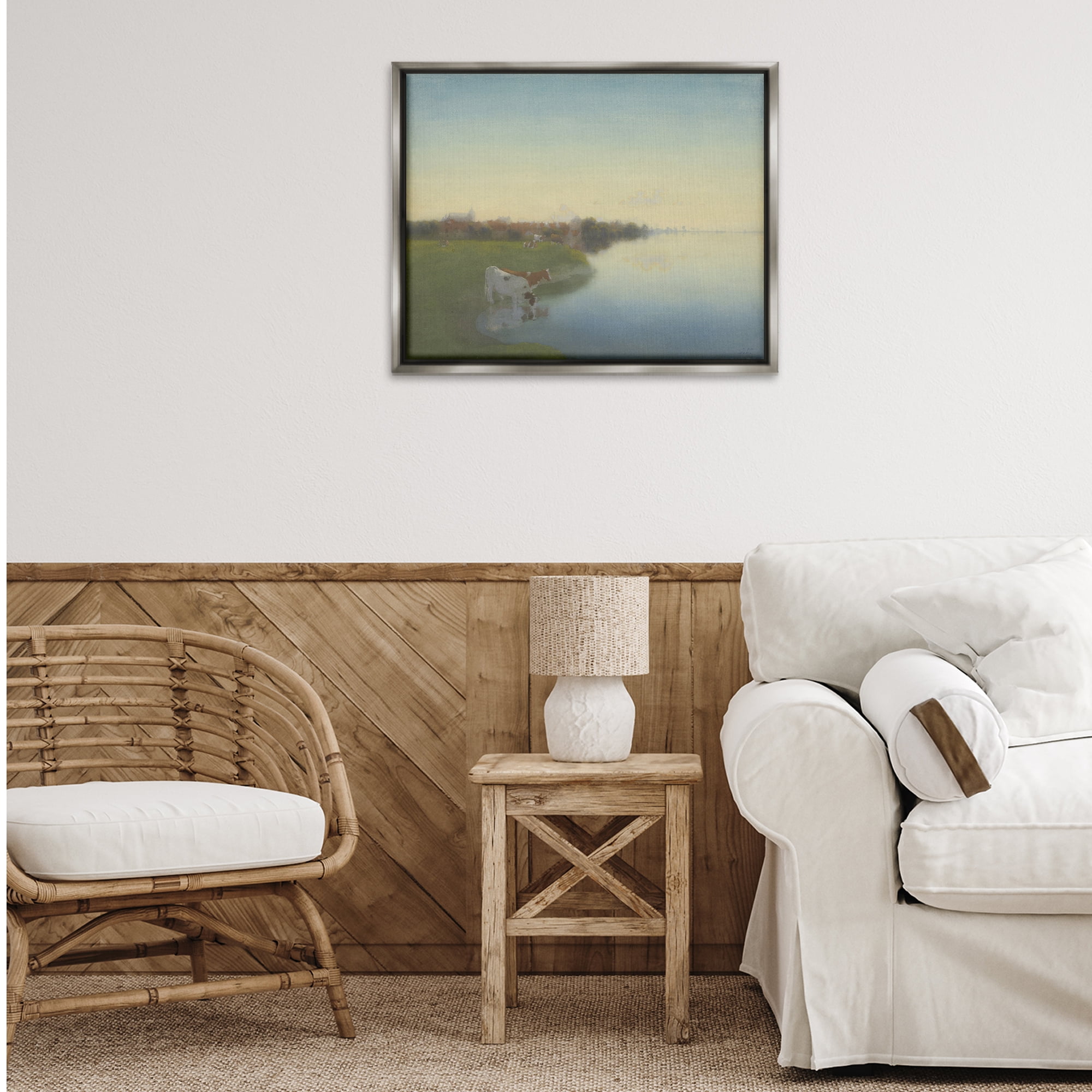 Stupell Industries Cows in Serene Shore Landscape & Nature Painting Gray Floater Framed Canvas Art Print Wall Art, 31 x 25