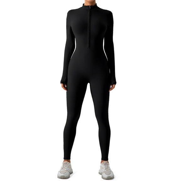 FITOP Women's Long Sleeve Workout Jumpsuit Zip Front Sport Romper Bottom Pants Bodysuit Bodycon Sexy One Piece S