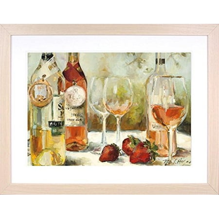 buyartforless IF WAP 5706 40x30 2 Noak DM Framed Summer Award Winners Wine & Strawberries by Marilyn Hageman 40X30 Tuscan Art Print Poster Matted in Natural Oak