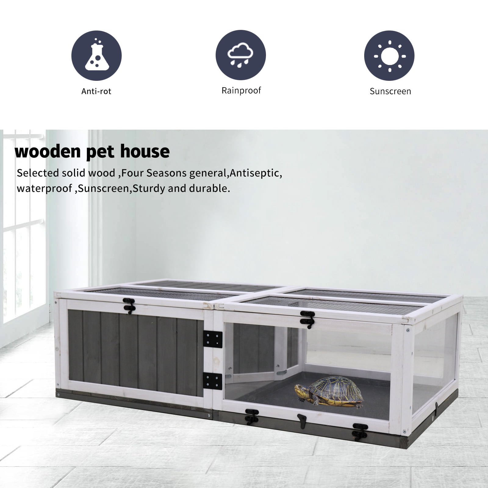 43" Upgrade Waterproof Tray, Activity Tray, Wooden Turtle House Indoor Small Animal Turtle Cage