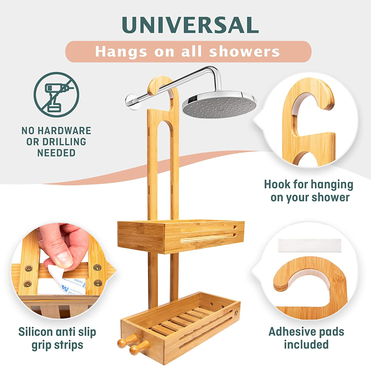 JumblWare Bamboo Shower Caddy, 11.7 x 26.8 Hanging 3-Tier Suction