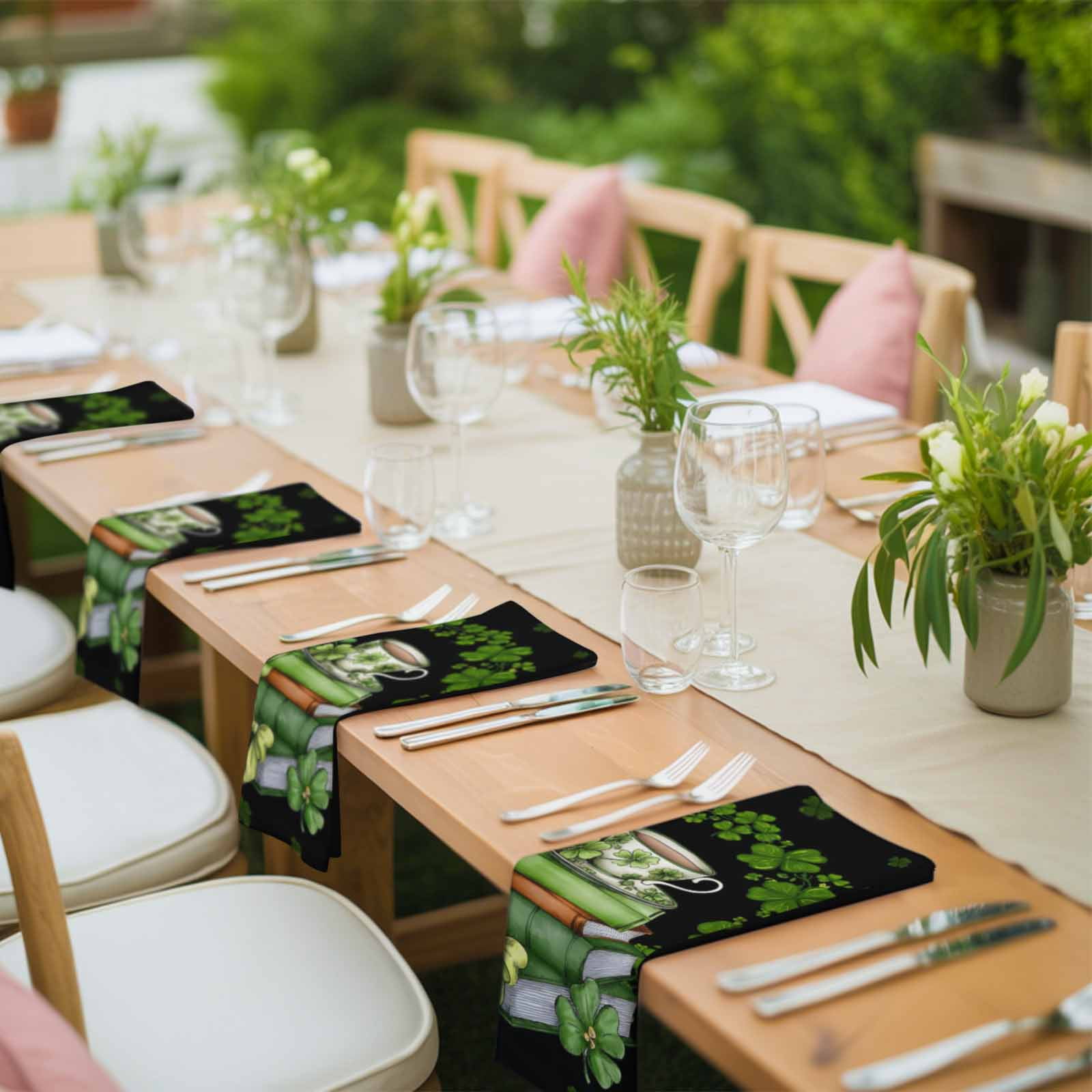 St Patrick's Day Cloth Napkins, Shamrock Leaf Coffee Cups Books Dark Green Washable and Reusable Dinner Napkins Set of 8, Table Napkin for Kitchen Party Birthday Wedding Hotel Housewarming 20"x20"
