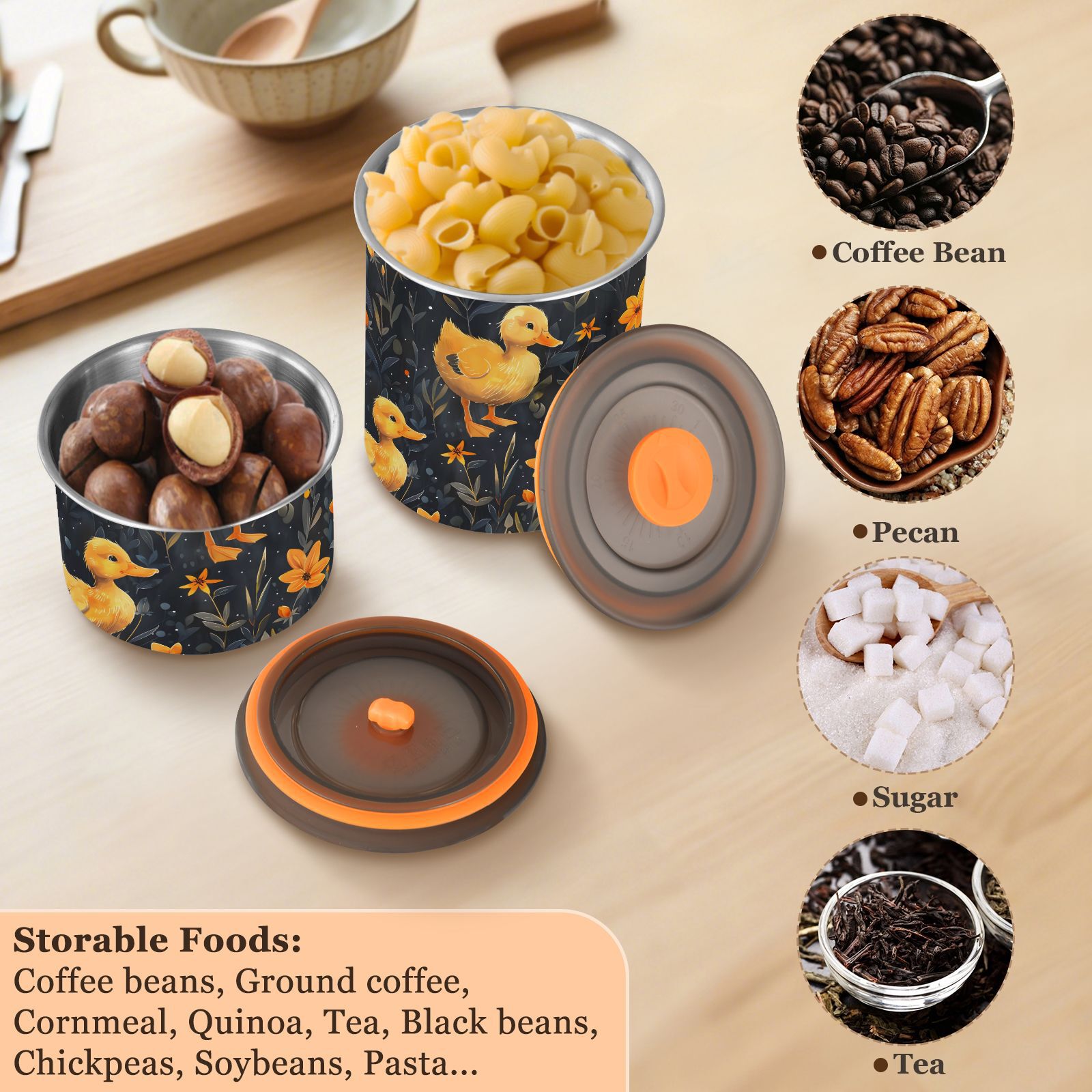 Cole Duck Airtight Coffee Bean Canister 30oz Food Storage Containers with Lids For Gournd, Tea, Sugar, Flour, Rice, Cereal, Candy Cookie Jar