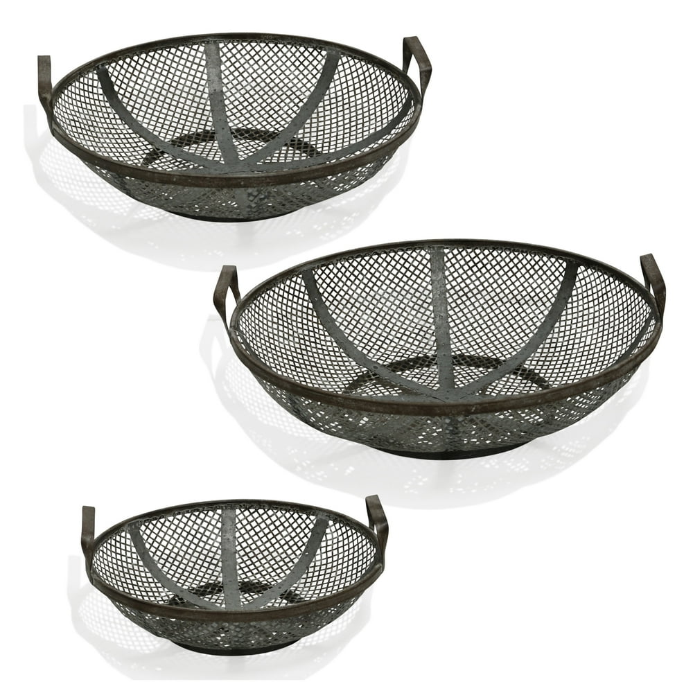 Mesh Black Steel Metal Baskets with Handles (Set of 3)