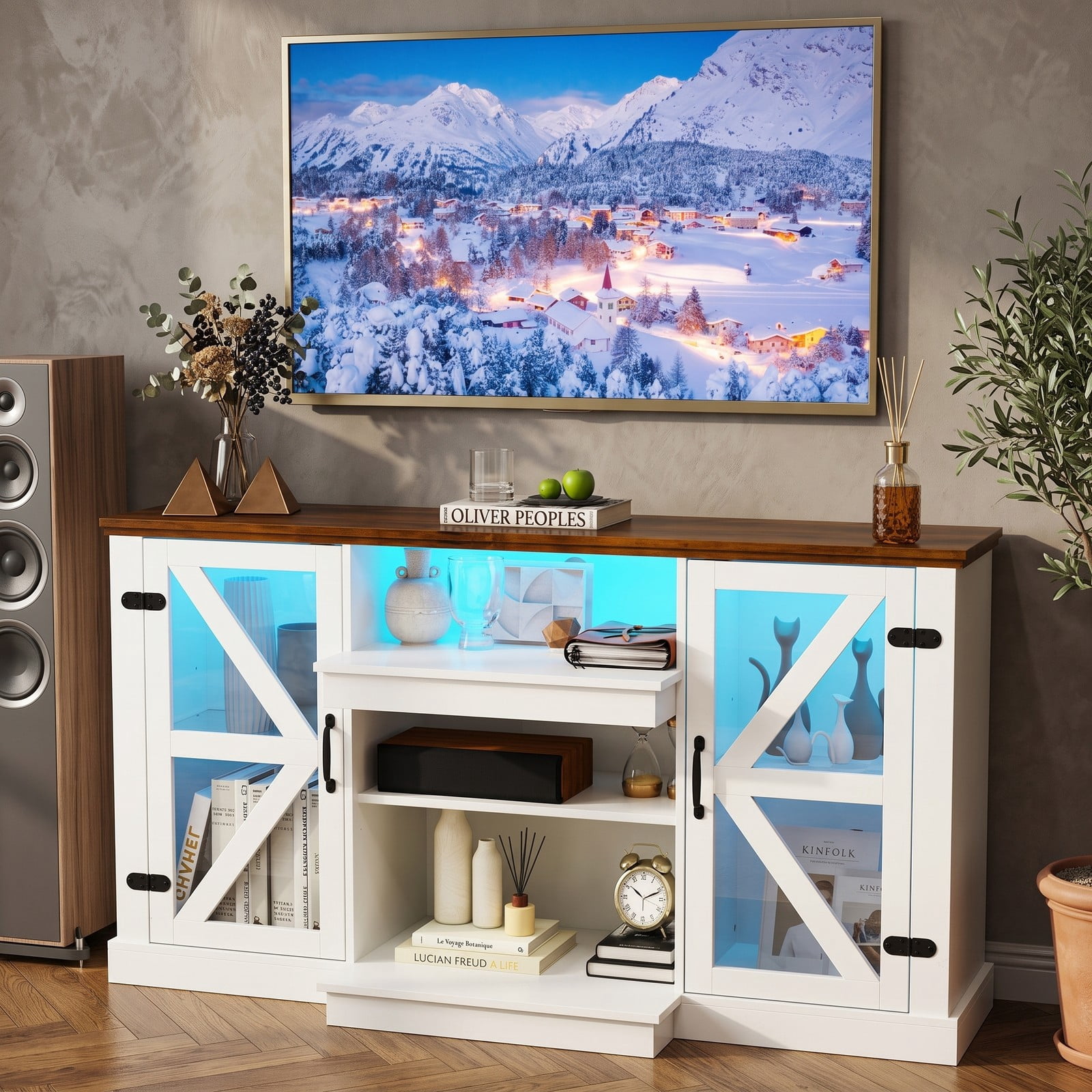 Furnibear 59 Inch LED Media Console Table, Modern TV Stand Entertainment Center with Tempered Glass Doors, 3-Level Adjustable Shelves, 22 Dynamic RGB Light, White