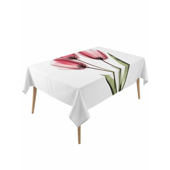 Pink Tulips Table Cloth, Green Leaf Country Flower White Botanical Waterproof Tablecloth for Rectangle Tables, Reusable Washable Fabric Table Cover for Restaurant Kitchen Dining Tables 60"x120"