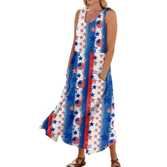 Women's Breathable Summer Dress Sleeveless Cotton Linen Sundress with Patriotic Print, Casual Pocket Design for Outdoor Wear,Blue L