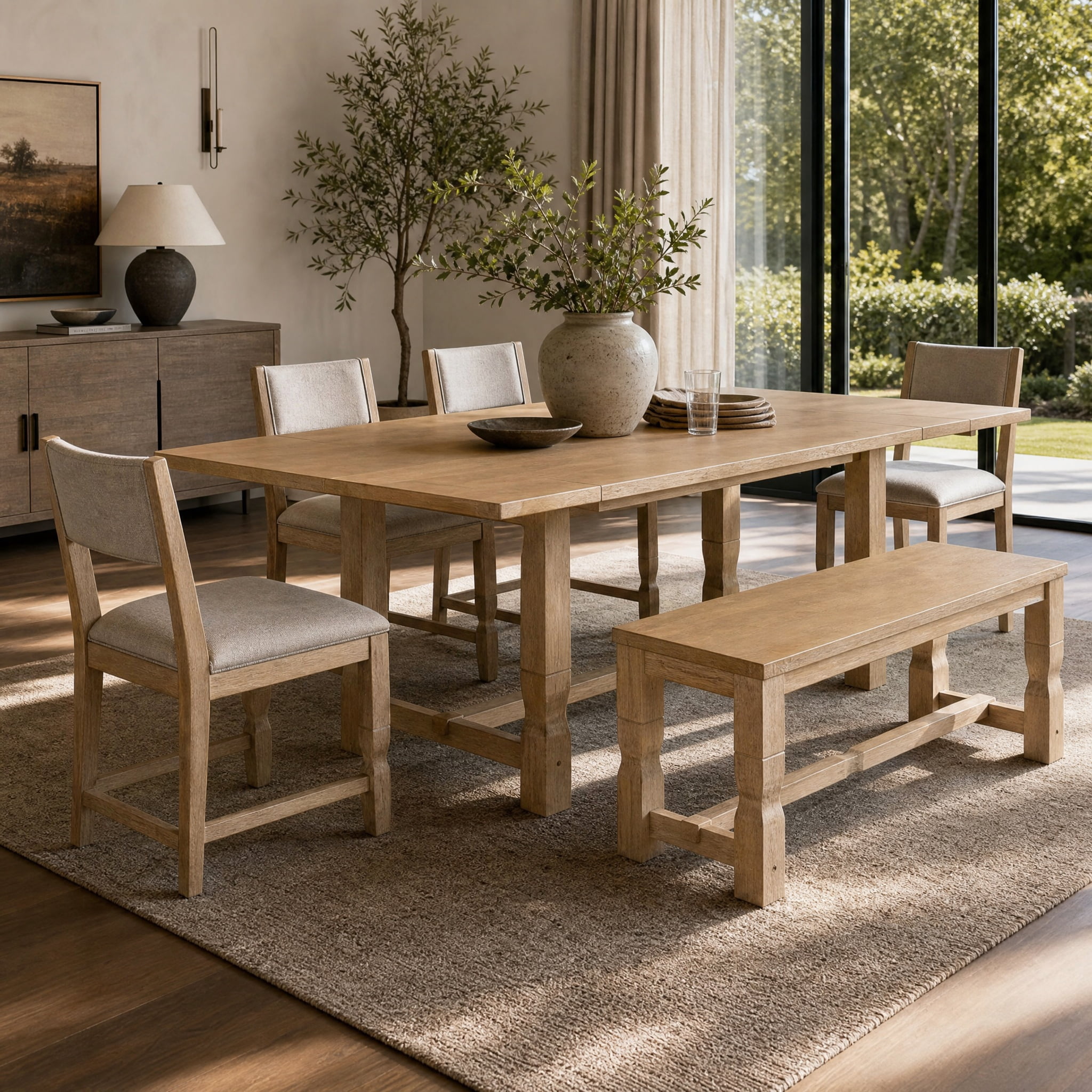 Mintazer 6 Piece Extendable Dining Table Set with 4 Upholstered Dining Chairs & Bench, 84 Inch Rectangular Farmhouse Dinner Table with 2 Removable Leaves for Kitchen Dining Room Apartment, Natural